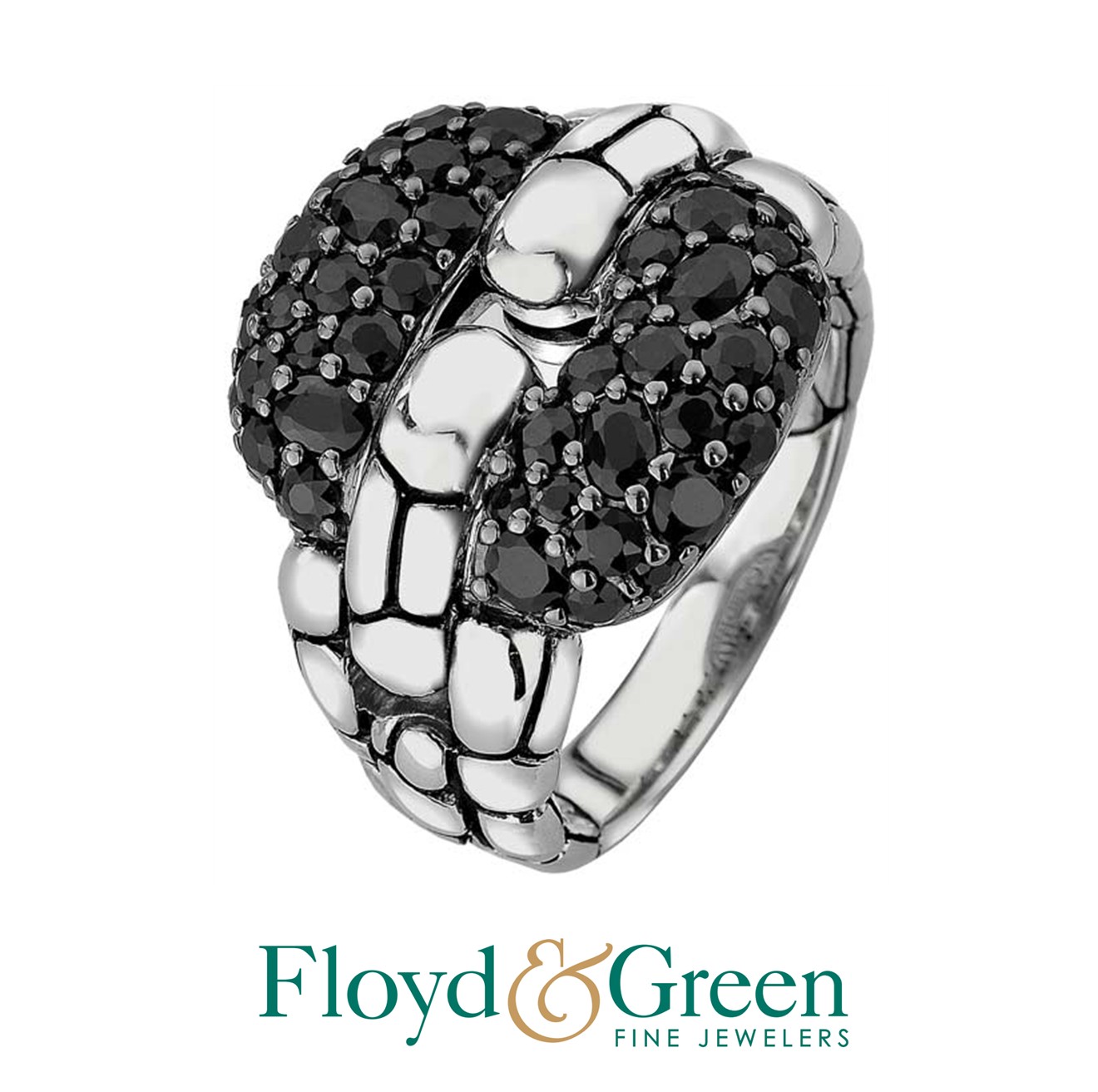 John Hardy Sterling Silver Kali Sq Link Ring w/ Blk Sapphires, Size 7