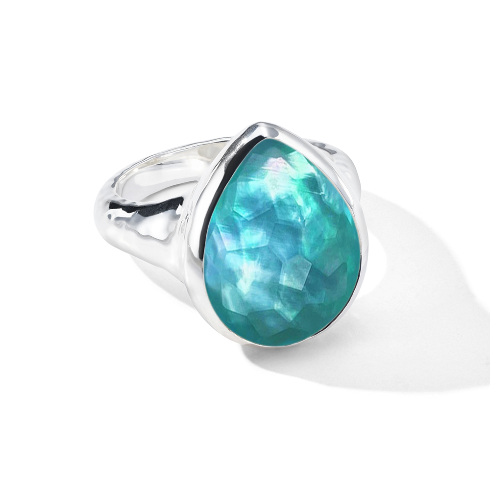 Limpido 925 Rock Candy® Medium Teardrop Ring in Rock Crystal, MOP and Green Agate Triplet Size 7