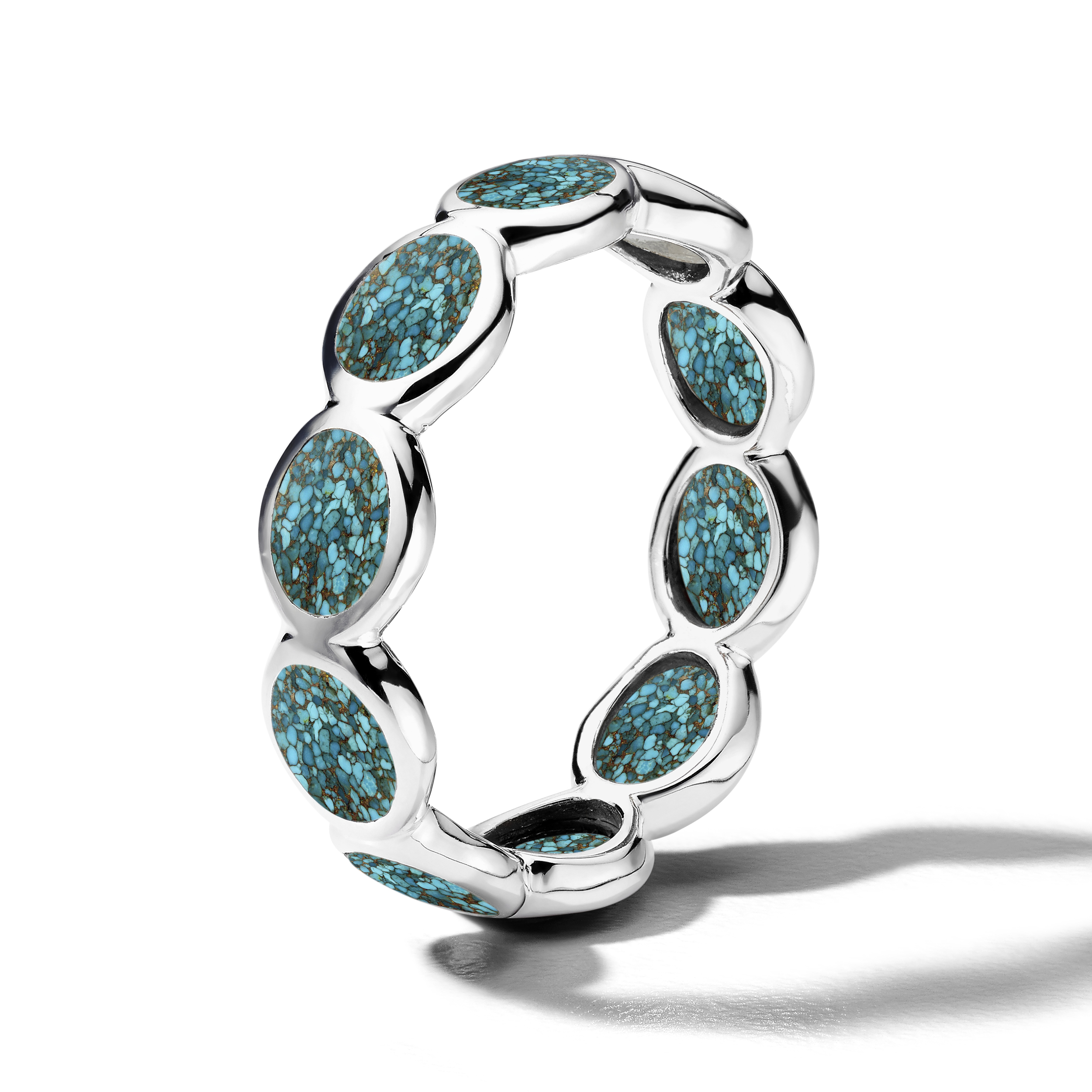 925 Polished Rock Candy All-Around Tiny Ovals Ring in Bronze & Mosaic Turquoise Slice Ring Size 7