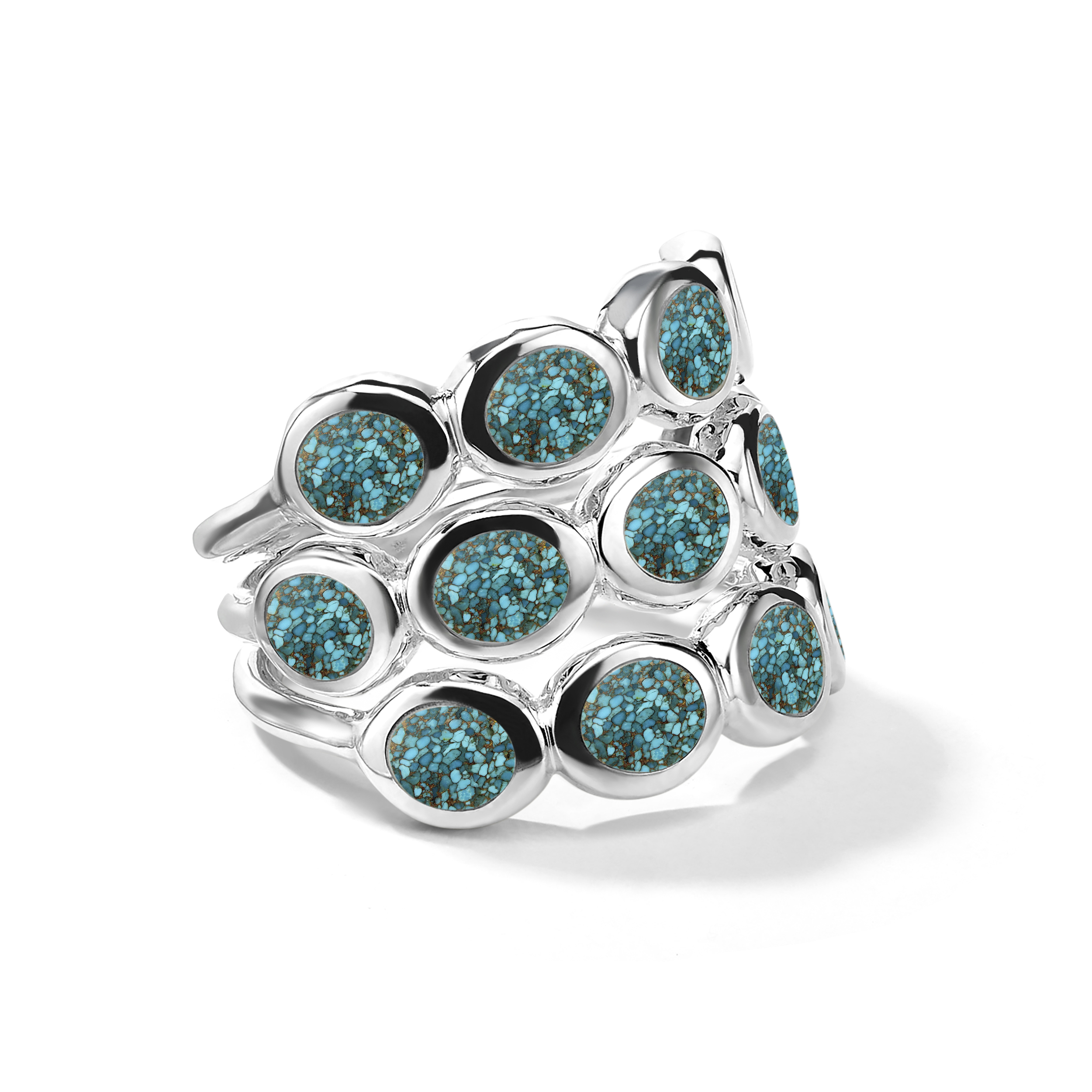 925 Polished Rock Candy 3-Band Tiny Ovals Ring in Bronze & Mosaic Turquoise Slice Ring Size 7