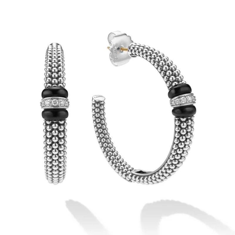 LAGOS Black Caviar Diamond Station Hoop Earrings
