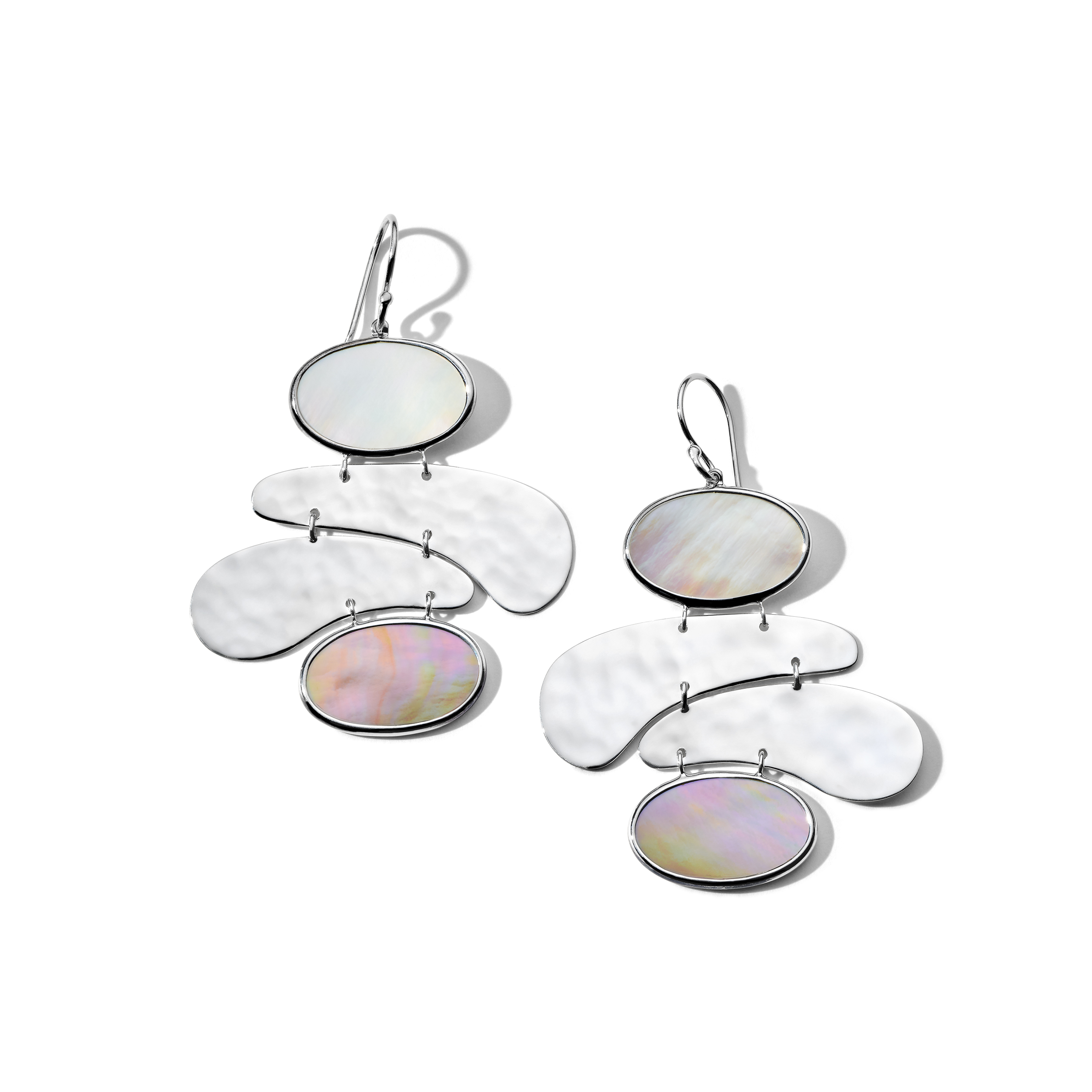 SS Polished Rock Candy Medium 2-Stone Multi-Segment Earrings in MOP & Brown Shell