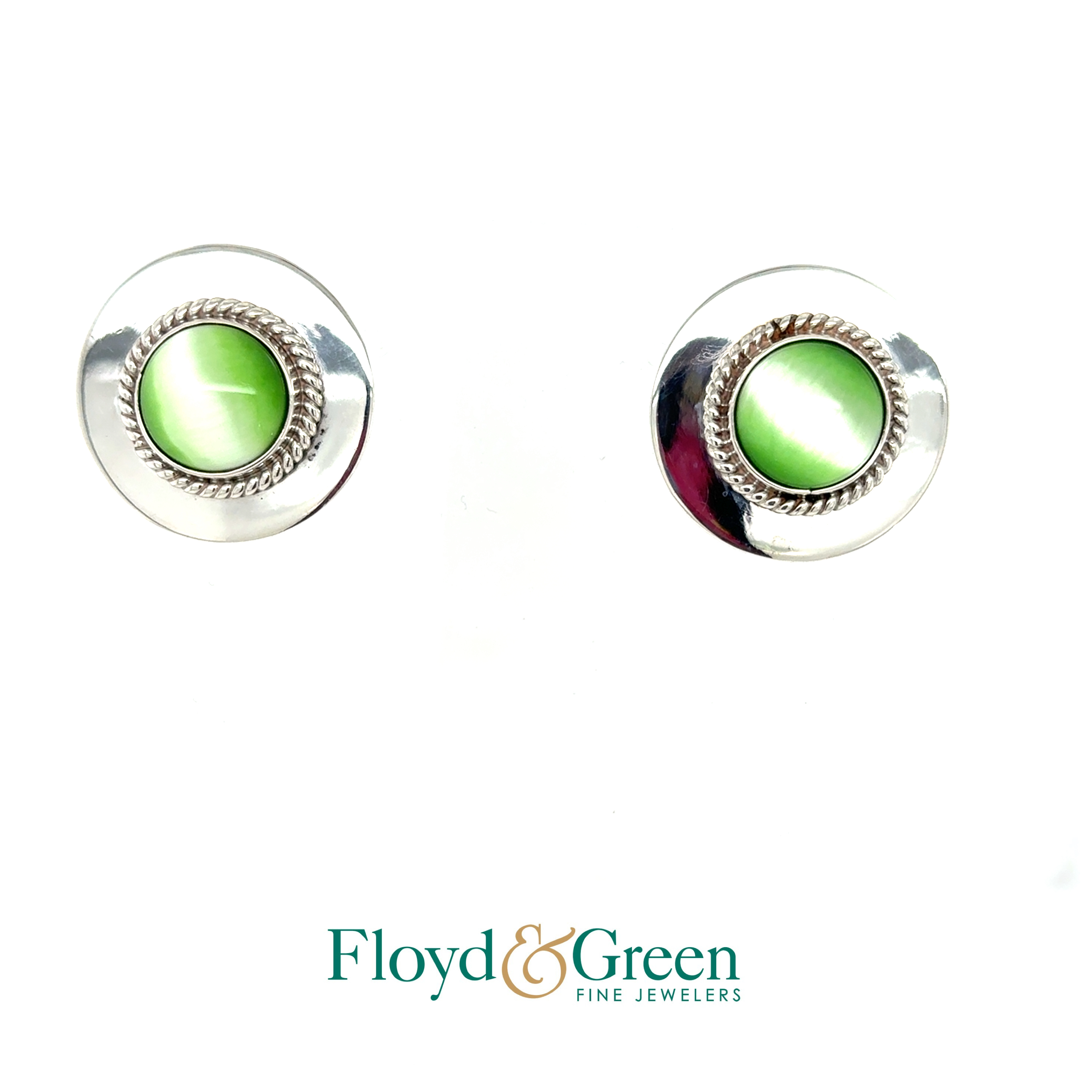 Sterling Silver Round Earrings with Light Green Glass, 19.2g