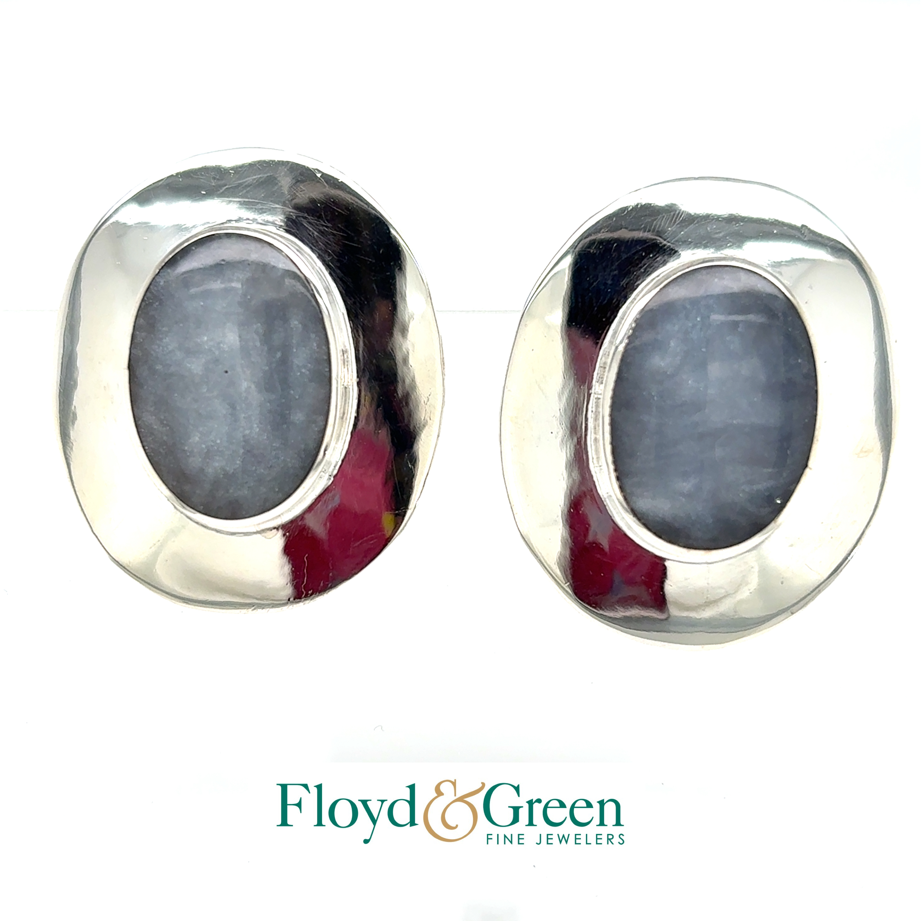 Sterling Silver Oval Earrings with Oval Grey Glass, 17.3g