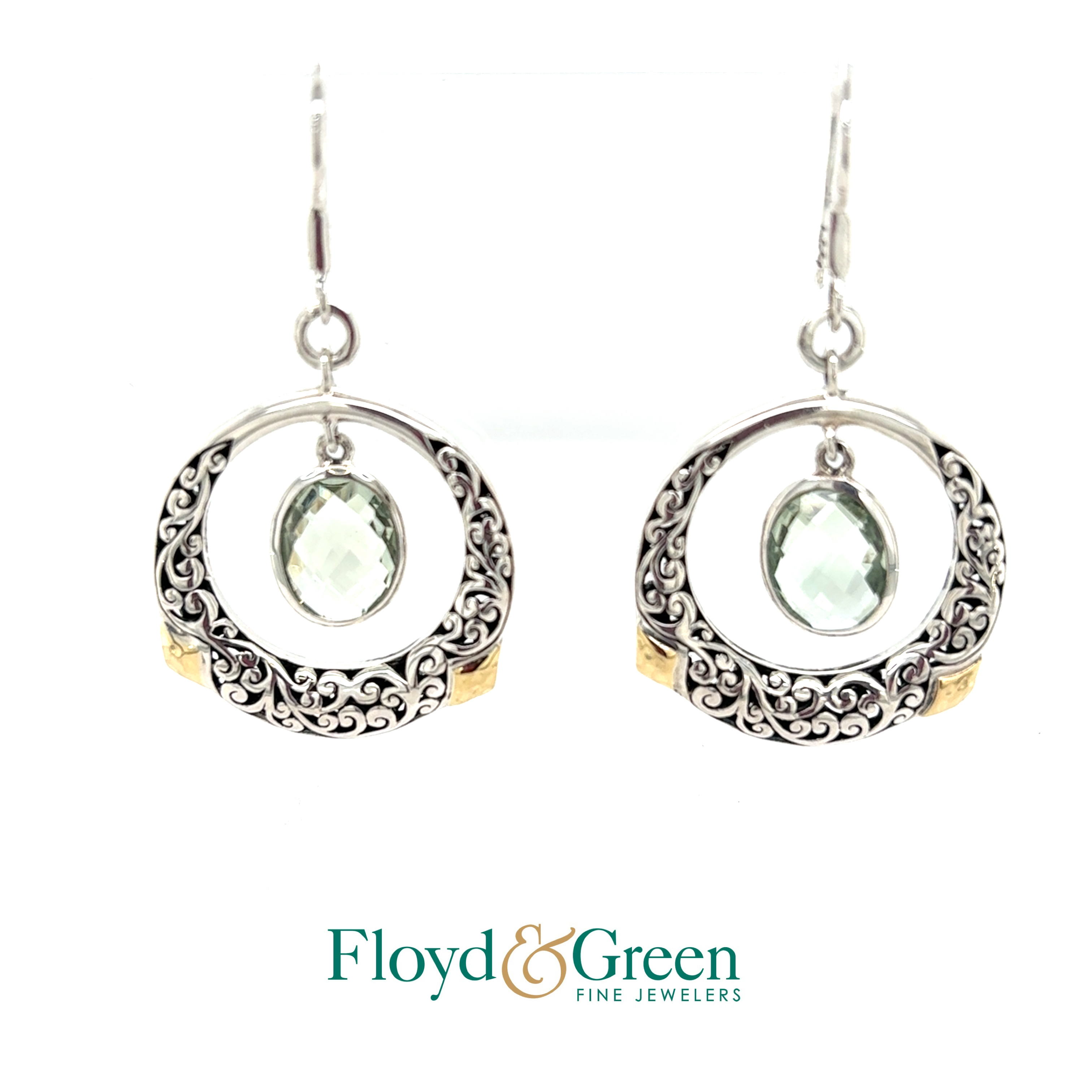 Lois Hill Sterling Silver & 18KY Signature Scroll Earrings with Oval Green Quartz Stone, 10.2g