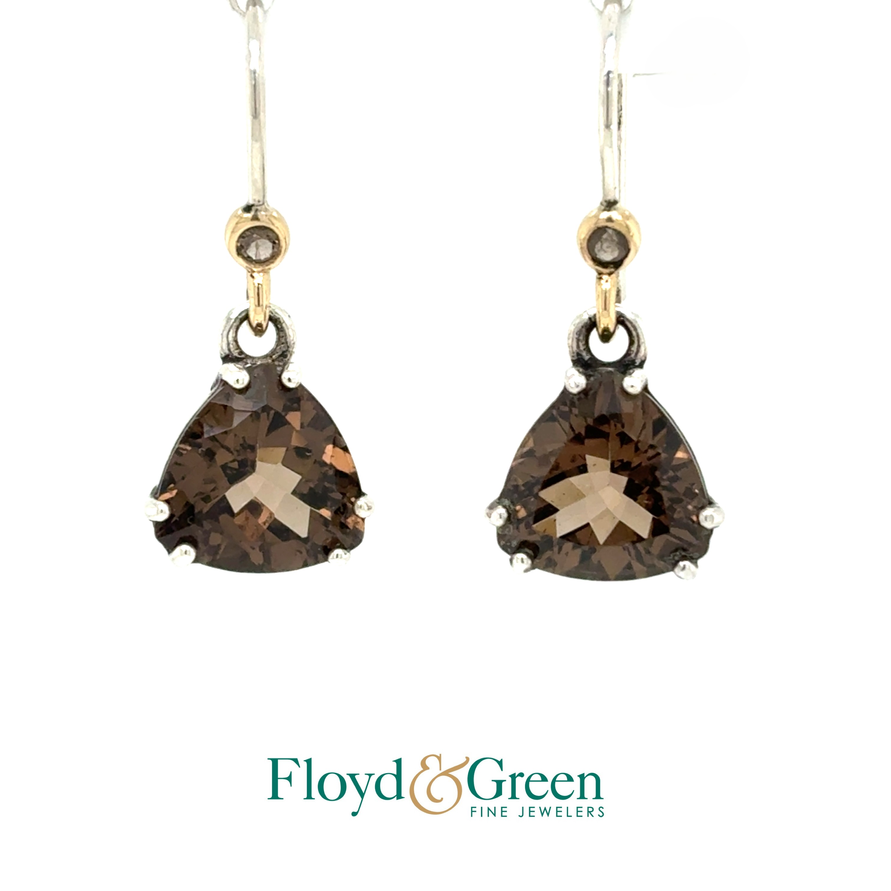 Pandora Sterling Silver & 18KY Close To My Heart Smokey Quartz & Brown CZs Dangle Earings
