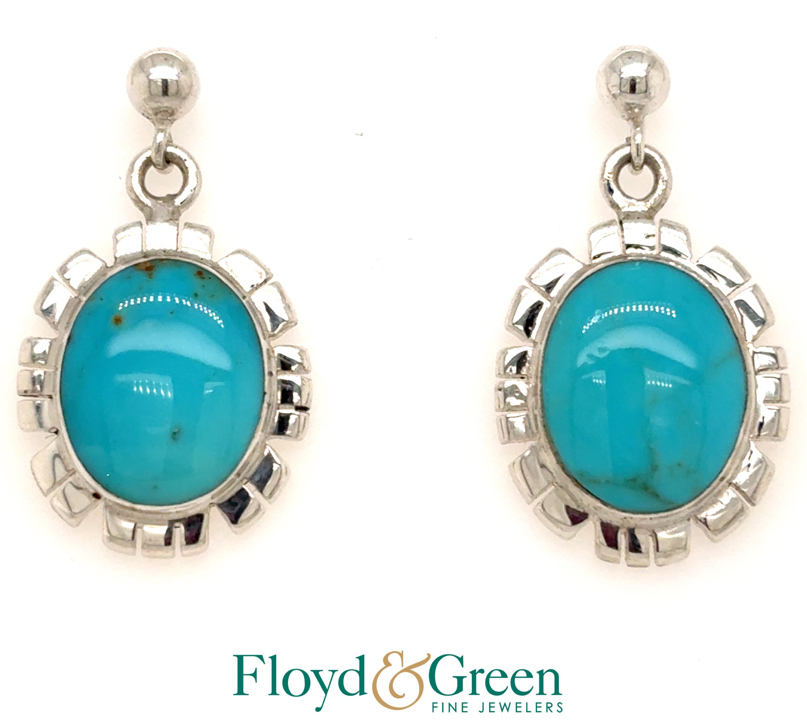 Sterling Silver Turquoise Dangle Earrings, 2 Oval, 3.67ct, 5.6g