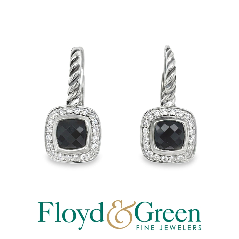 David Yurman Sterling Silver Drop Earrings with Black Onyx & Diamonds, Onyx, 4.55ct, Pave'-set Diamonds, 0.33ct