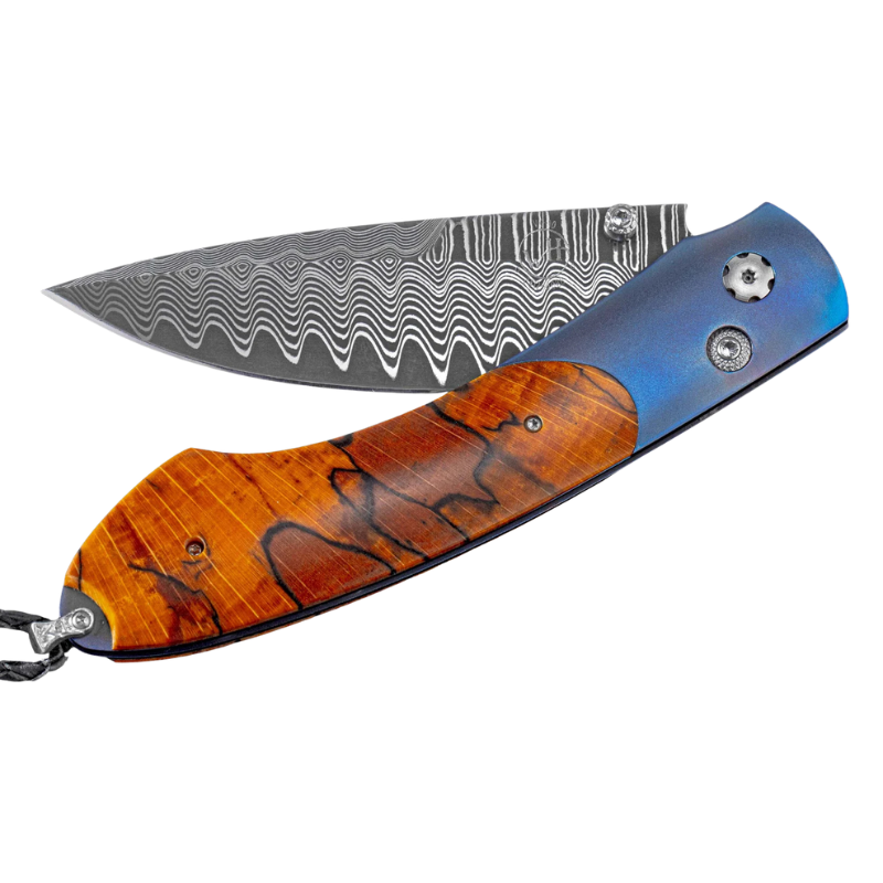 Titanium pocketknife featuring spalted beech wood and 'wave' damascus blade