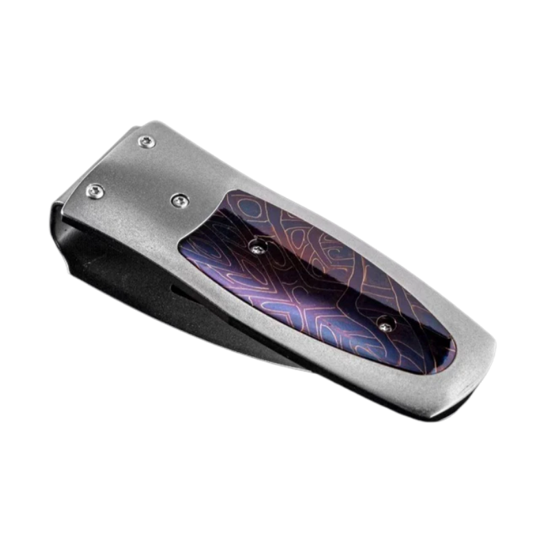 Titanium money clip with hand-forged, heat-blued damascus Limited Edition 31/250