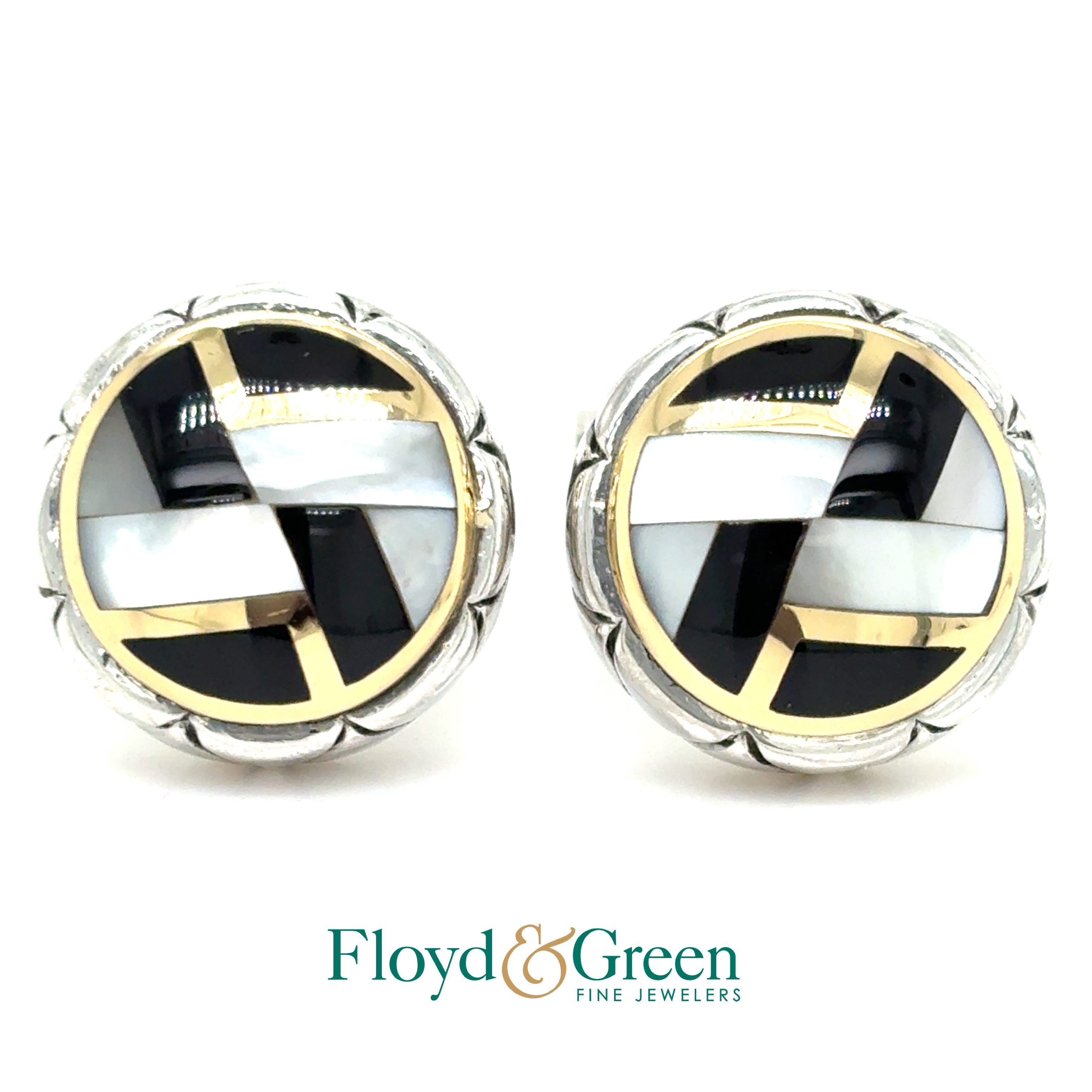 Sterling Silver & 18KY Black Onyx & MOP Cuff Links, 15.8g