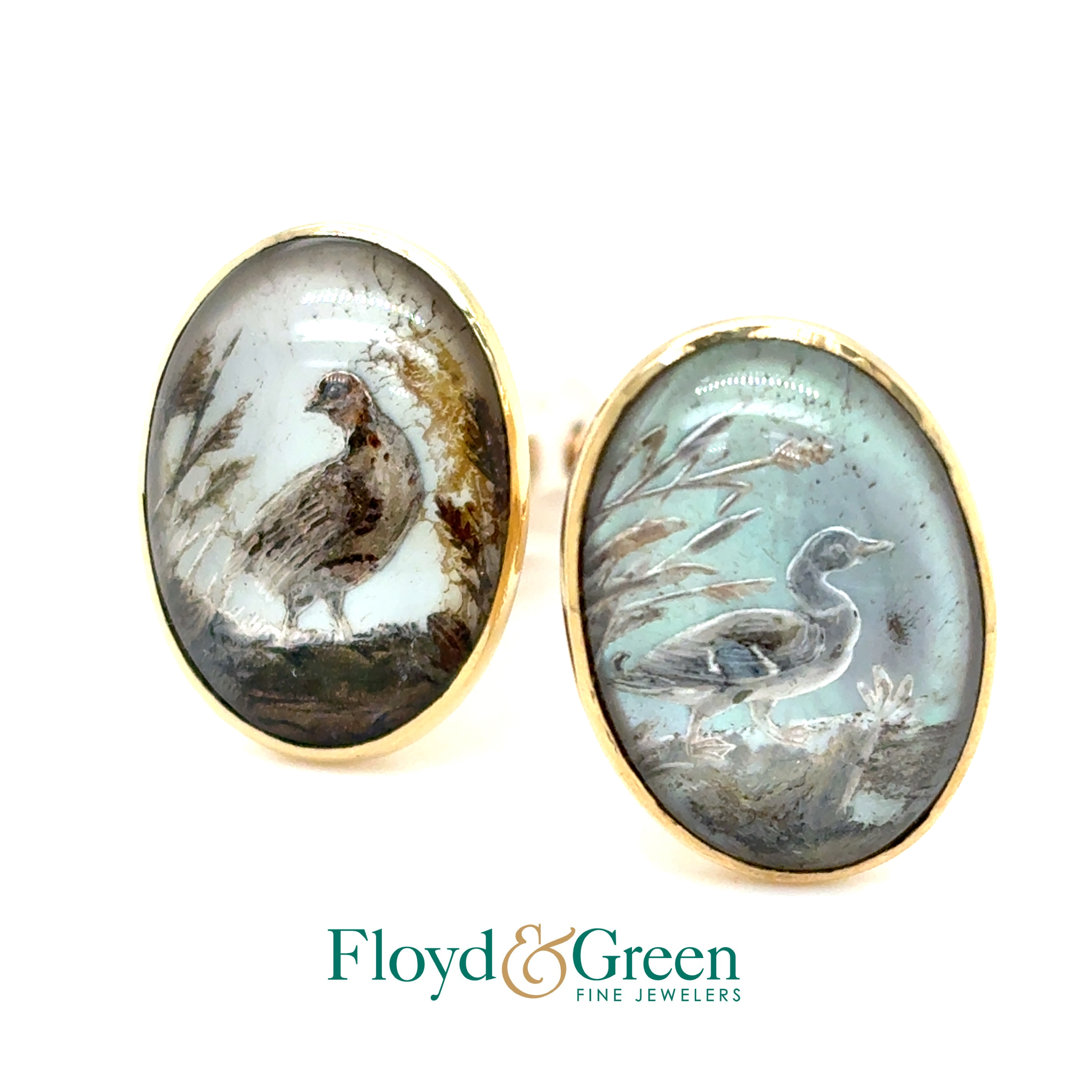 14KY Glass Waterfowl Cuff Links, 7.6g
