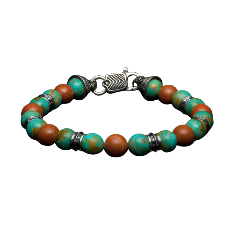 SS Desert Flame Bracelet with Kingman Turquoise and Deep Red Jasper Beads