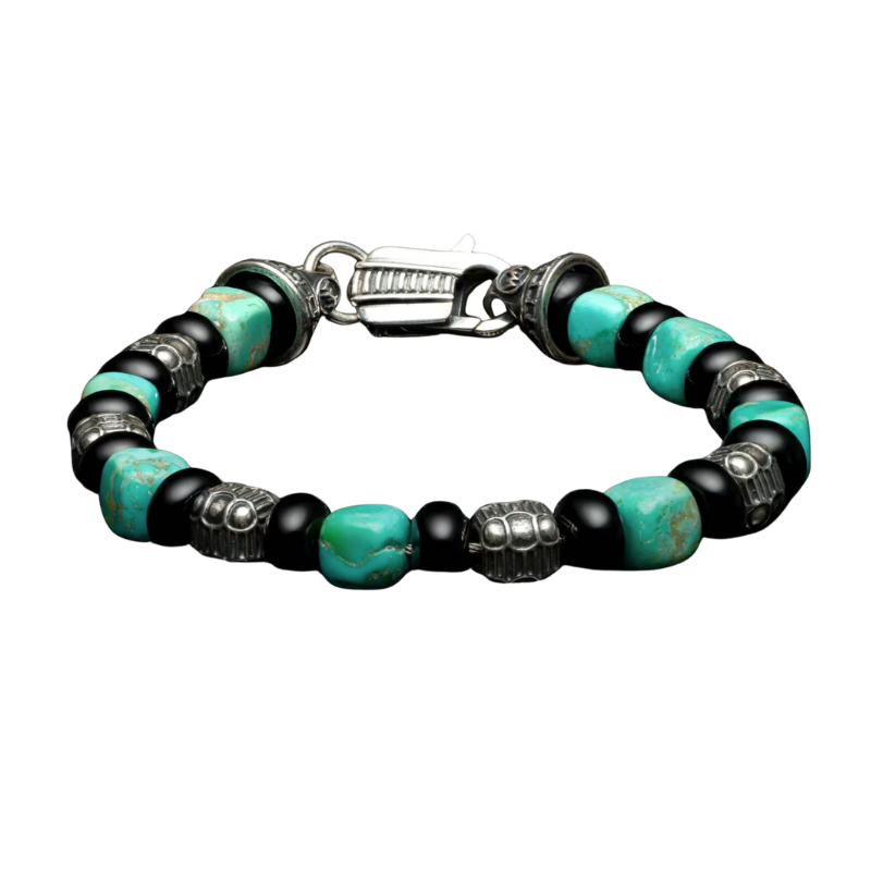 SS Shadowline Bracelet with Kingman Turquoise Cube Beads and Polished Black Onyx Rondelles