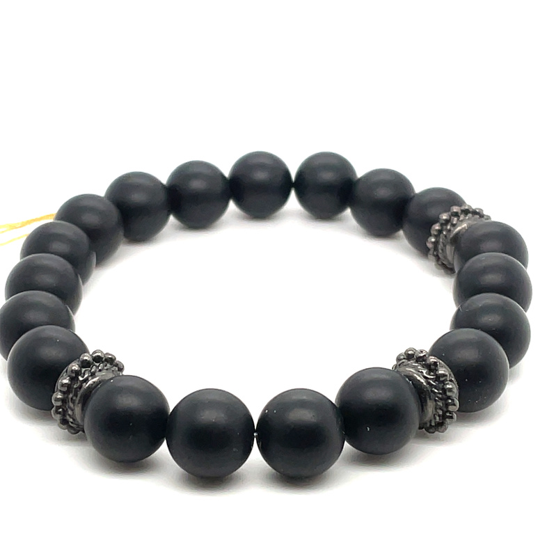10MM MATTE BLACK AGATE WITH PEWTER ACCENTS BRACELET