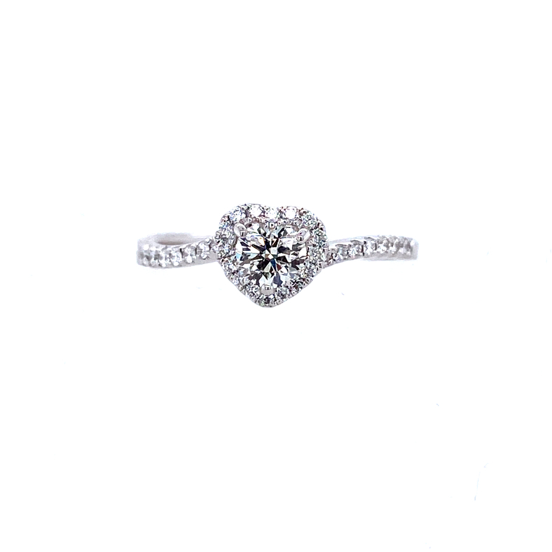 18K WHITE GOLD HALO ENGAGEMENT RING SIZE 6.5 WITH BLACK LABEL FOREVERMARK 0.30CT HEART I SI1 DIAMOND REPORT: 16107326 AND 30=0.14TW ROUND I-J VS2-SI1 DIAMONDS