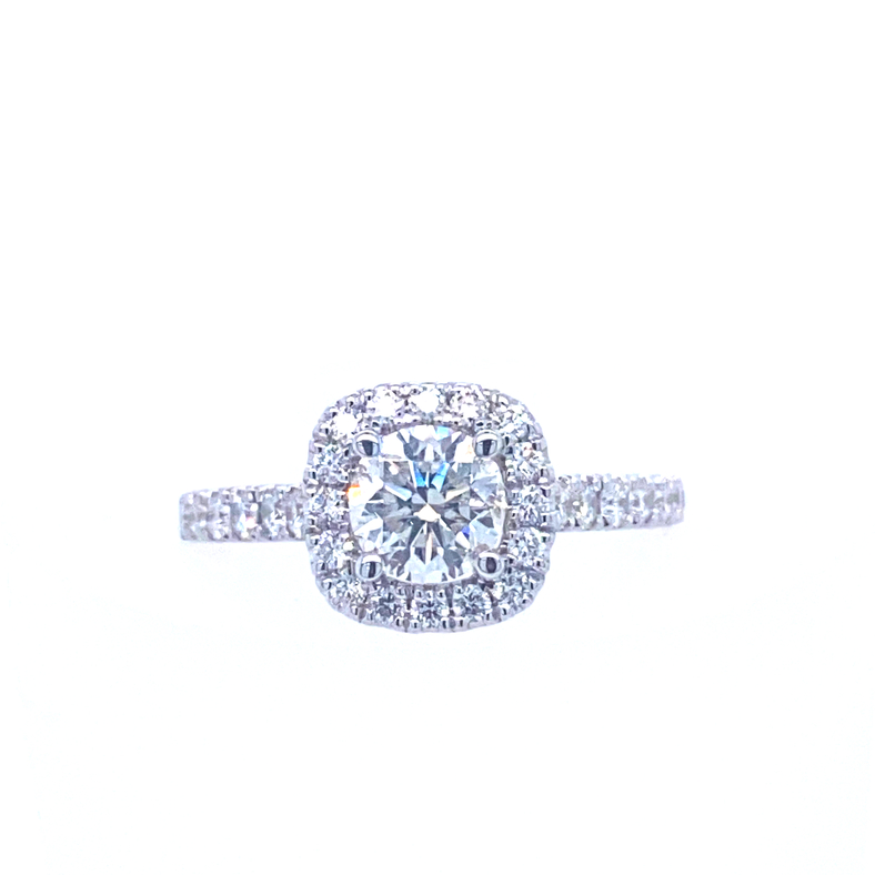 14 KARAT WHITE GOLD HALO ENGAGEMENT RING SIZE 7 WITH ONE 0.70CT ROUND DIAMOND AND 30=0.55TW ROUND G-H-I COLOR SI3-I1 CLARITY DIAMONDS