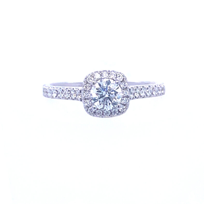 14K HALO ENGAGEMENT RING SIZE 7 WITH ONE 0.41CT ROUND G-H SI2 DIAMOND AND 34=0.34TW ROUND G-H SI1-SI2 DIAMONDS