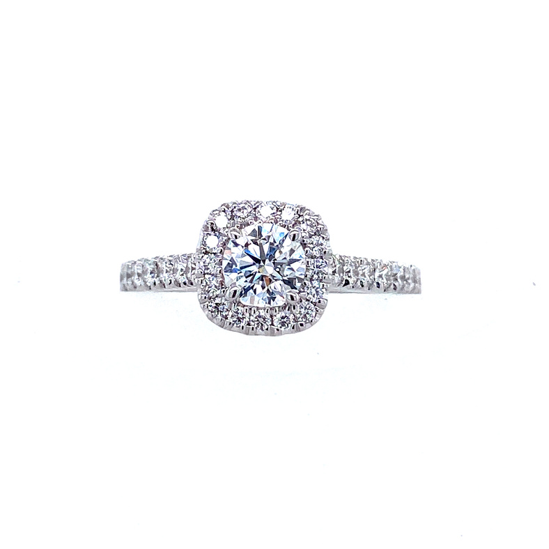 14K WHITE GOLD HALO ENGAGEMENT RING SIZE 7 WITH ONE 0.51CT ROUND G-H SI2 DIAMOND AND 32=0.49TW ROUND G-H SI1-SI2 DIAMONDS