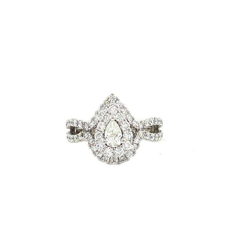 14K WHITE GOLD DOUBLE HALO ENGAGEMENT RING SIZE 7 WITH ONE 0.31CT PEAR I SI2 DIAMOND AND 57=1.24TW ROUND H-I I1 DIAMONDS  (4.48 GRAMS)
