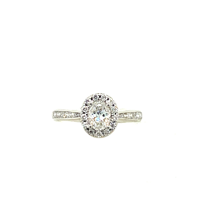 14K WHITE GOLD HALO ENGAGEMENT RING SIZE 6.5 WITH ONE 0.58CT OVAL I SI2 DIAMOND AND 53=0.50TW ROUND H-I SI2-I1 DIAMONDS   (3.90 GRAMS)
