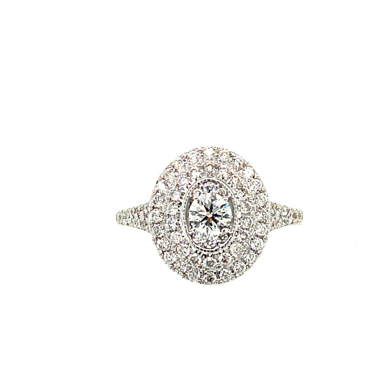 14K WHITE GOLD DOUBLE HALO ENGAGEMENT RING SIZE 6.5 WITH ONE 0.29CT ROUND G-H I1 DIAMOND AND 76=0.70TW ROUND G-H SI2 DIAMONDS   (4.92 GRAMS)