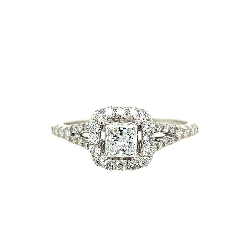 14K WHITE GOLD HALO ENGAGEMENT RING SIZE 6.5 WITH ONE 0.37CT PRINCESS I SI2 DIAMOND AND 40=0.47TW ROUND H-I SI2-I1 DIAMONDS