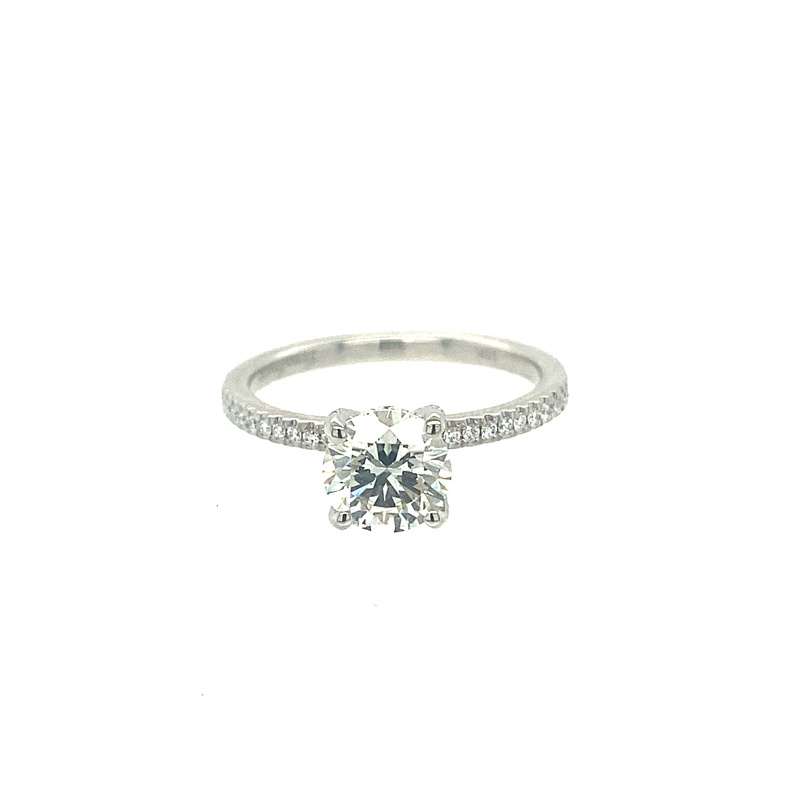 18K WHITE GOLD ENGAGEMENT RING SIZE 6.5 WITH ONE FIRE & ICE 1.01CT ROUND J SI2 DIAMOND AND 54=0.22TW ROUND I SI1 DIAMONDS