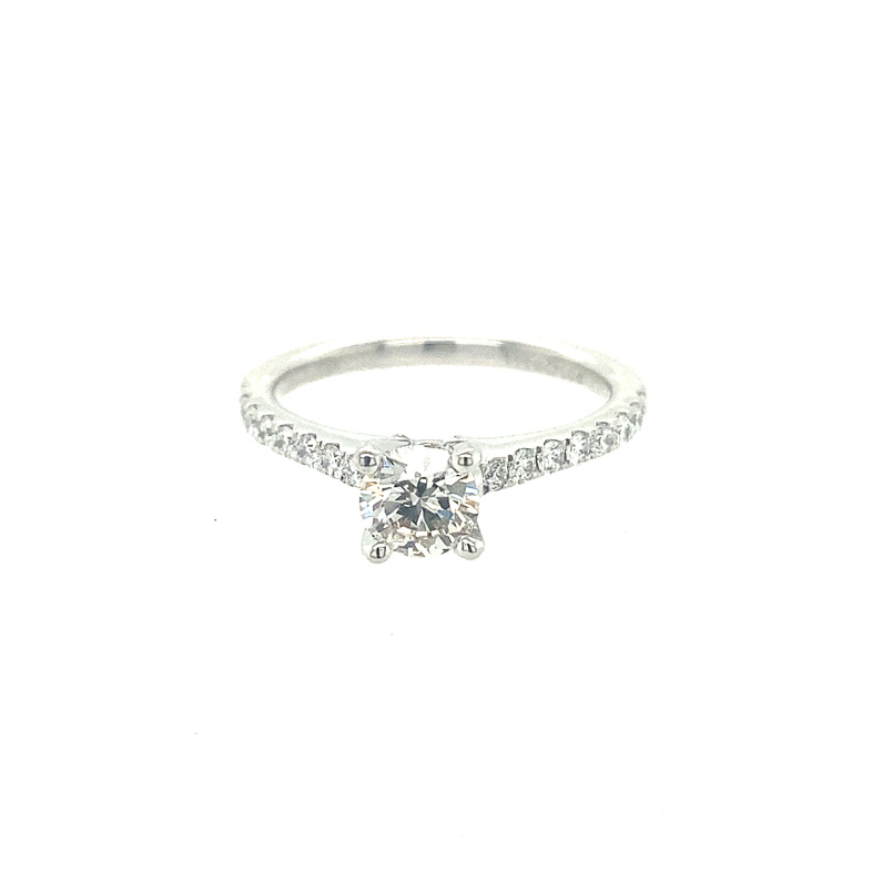FIRE & ICE 18K WHITE GOLD ENGAGEMENT RING SIZE 6.5 WITH ONE 0.57CT ROUND J VS1 DIAMOND AND 16=0.25TW ROUND I SI1 DIAMONDS