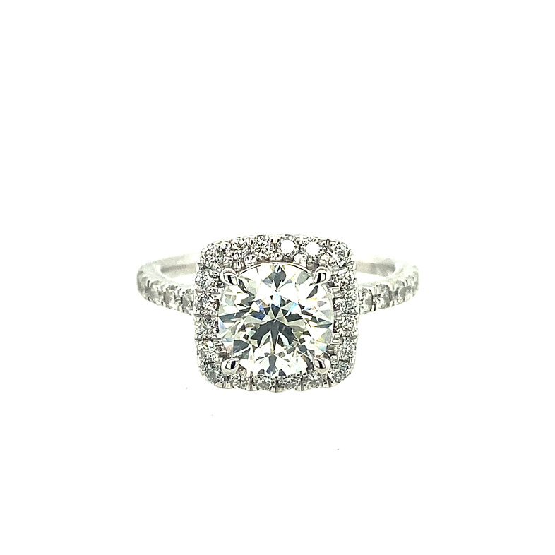 14K WHITE GOLD HALO ENGAGEMENT RING SIZE 6.75 WITH ONE 1.51CT ROUND L SI2 DIAMOND AND 34=0.55TW ROUND I SI2-I1 DIAMONDS   (4.04 GRAMS)