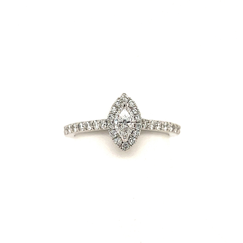 14 KARAT WHITE GOLD HALO ENGAGEMENT RING SIZE 6.5 WITH ONE 0.27CT MARQUISE H COLOR SI2 CLARITY DIAMOND AND 28=0.33TW ROUND H-I COLOR SI2-I1 CLARITY DIAMONDS