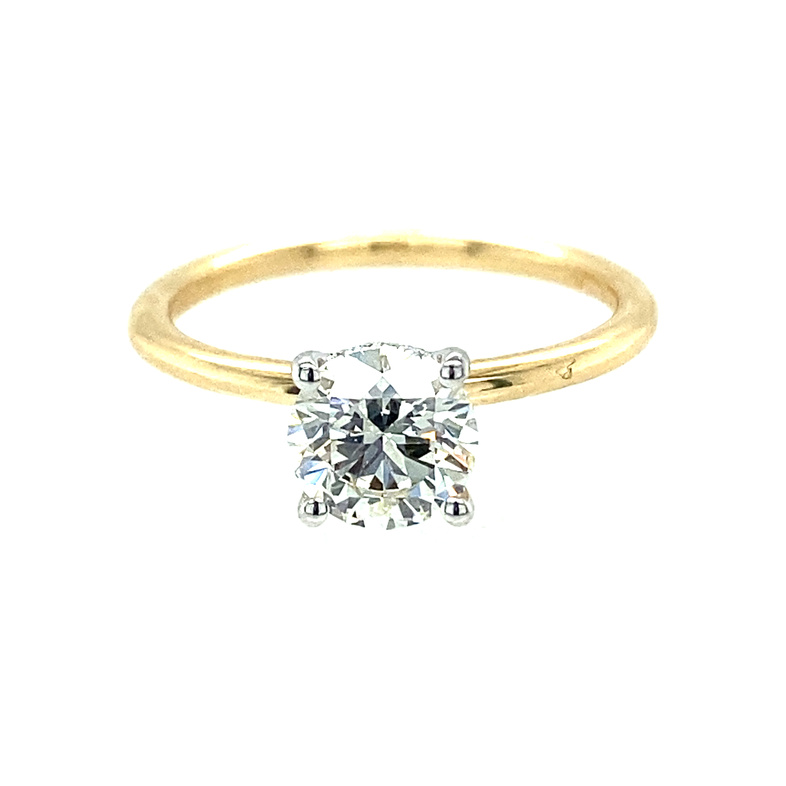 14K YELLOW & WHITE GOLD SOLITAIRE ENGAGEMENT RING SIZE 6.5 WITH ONE 1.02CT ROUND K SI2 DIAMOND GIA: 6392921218 AND 16=0.04TW ROUND H-I SI2 DIAMONDS