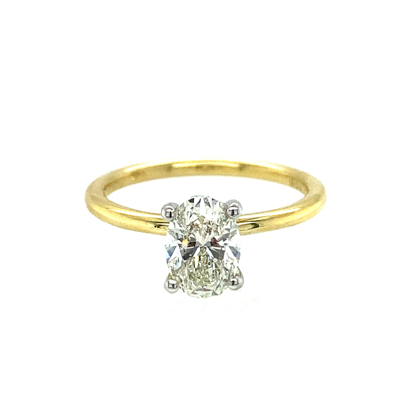 18K YELLOW GOLD & PLATINUM FLYER FIT SOLITAIRE ENGAGEMENT RING SIZE 6.5 WITH ONE 1.01CT OVAL K SI1 DIAMOND GIA: 5386662833 AND 16=0.04TW ROUND H-I SI2 DIAMONDS