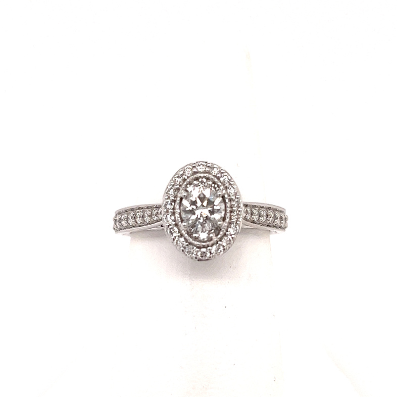 14 KARAT WHITE GOLD HALO ENGAGEMENT RING SIZE 7 WITH 43=0.89TW ROUND I COLOR I1-I2 CLARITY DIAMONDS