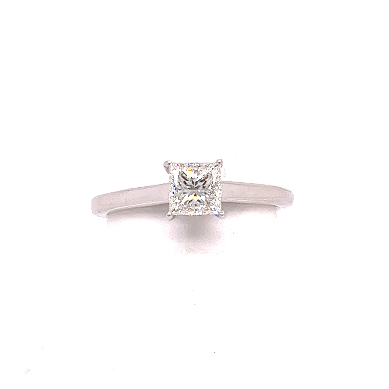 14K WHITE GOLD HIDDEN HALO ENGAGEMENT RING SIZE 7 WITH ONE 0.73CT PRINCESS I SI2-I1 DIAMOND AND 36=0.10TW ROUND H-I SI2 DIAMONDS