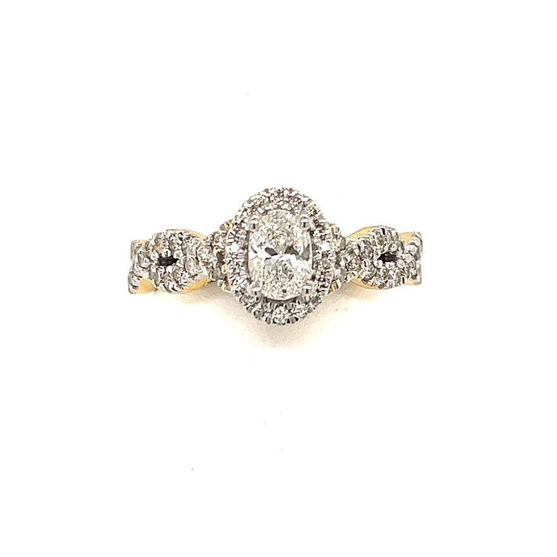 14K YELLOW GOLD HALO ENGAGEMENT RING SIZE 7 WITH ONE 0.38CT OVAL G-H SI2 DIAMOND AND 71=0.50TW ROUND G-H SI2 DIAMONDS   (4.56 GRAMS)