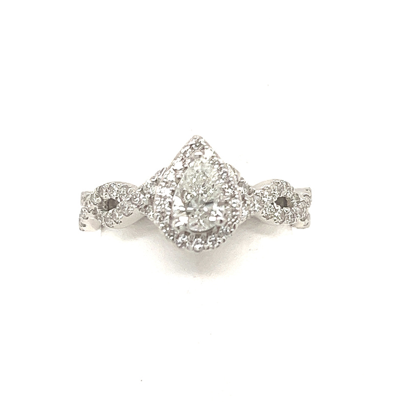14K WHITE GOLD HALO ENGAGEMENT RING SIZE 7 WITH ONE 0.38CT PEAR G-H SI2 DIAMOND AND 72=0.50TW ROUND G-H SI2 DIAMONDS  (4.53 GRAMS)