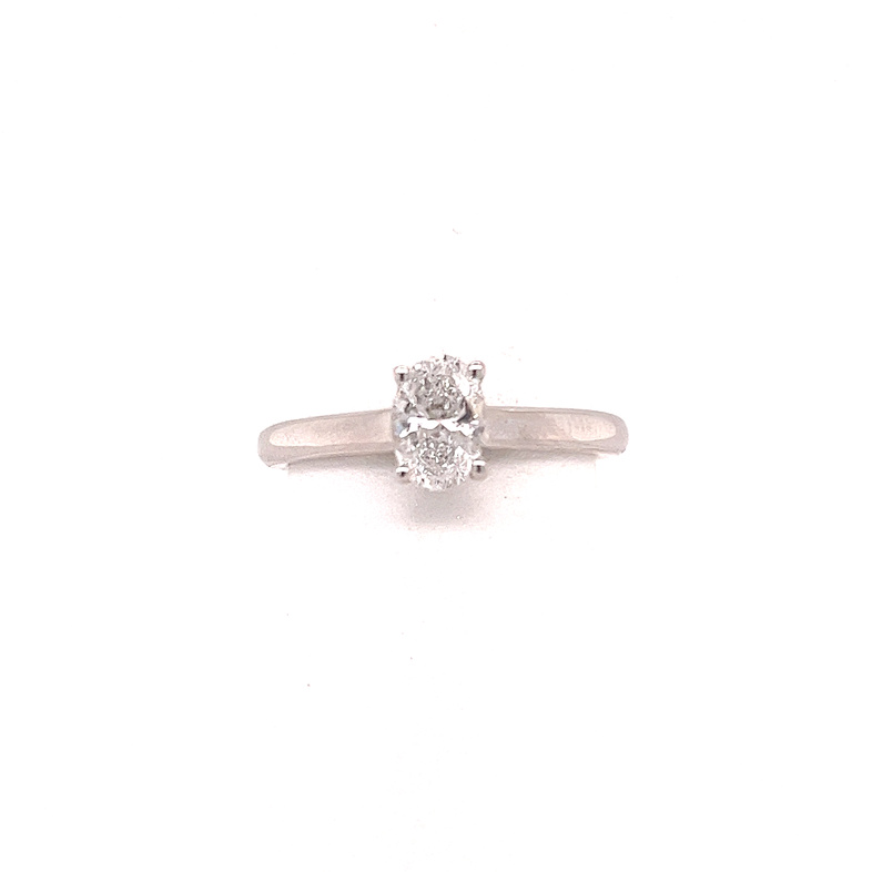 14K WHITE GOLD HIDDEN HALO ENGAGEMENT RING SIZE 7.25 WITH ONE 0.70CT OVAL G I1 DIAMOND AND 30=0.09TW ROUND H-I SI2-I1 DIAMONDS  (3.38 GRAMS)