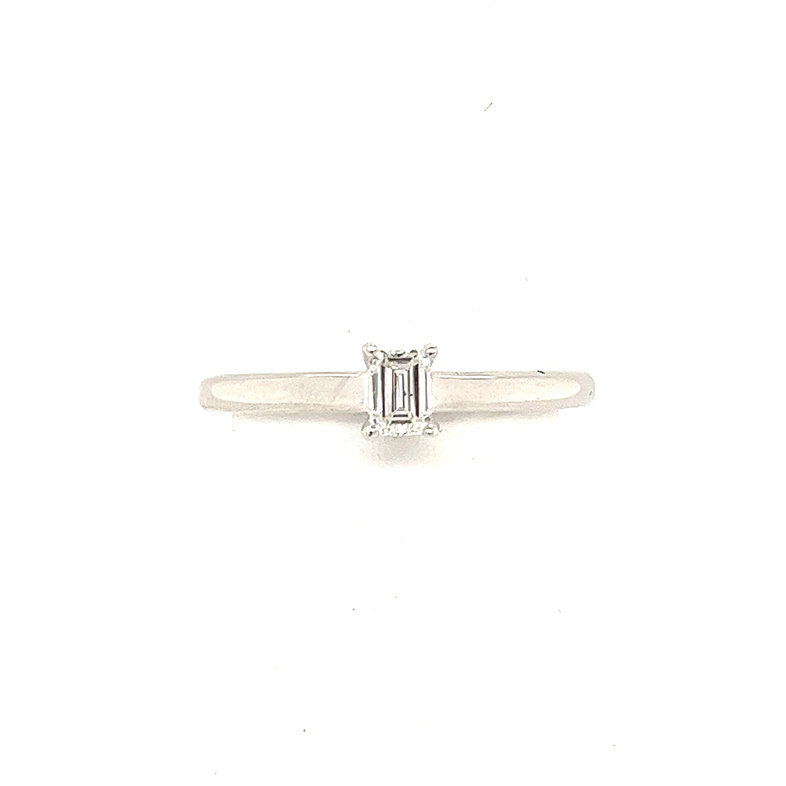 14K WHITE GOLD ENGAGEMENT RING SIZE 7.25 WITH ONE 0.23CT EMERALD G-H SI2-I1 DIAMOND AND 20=0.10TW ROUND G-H SI2-I1 DIAMONDS  (2.73 GRAMS)