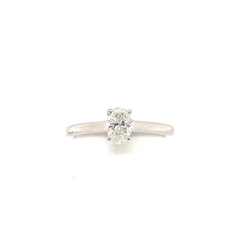 14K WHITE GOLD ENGAGEMENT RING SIZE 7.25 WITH ONE 0.51CT OVAL G-H SI2-I1 DIAMOND AND 20=0.10TW ROUND G-H SI2-I1 DIAMONDS  (2.93 GRAMS)