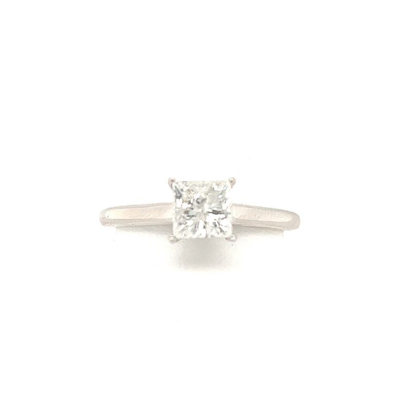 14K WHITE GOLD ENGAGEMENT RING SIZE 7.25 WITH ONE 1.02CT PRINCESS G-H I1 DIAMOND AND 30=0.10TW ROUND G-H SI2-I1 DIAMONDS  (3.08 GRAMS)