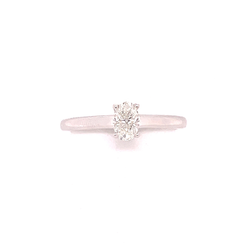 14K WHITE GOLD ENGAGEMENT RING SIZE 7 WITH ONE 0.40CT OVAL G-H SI2-I1 DIAMOND AND 20=0.04TW ROUND G-H SI2-I1 DIAMONDS  (2.94 GRAMS)