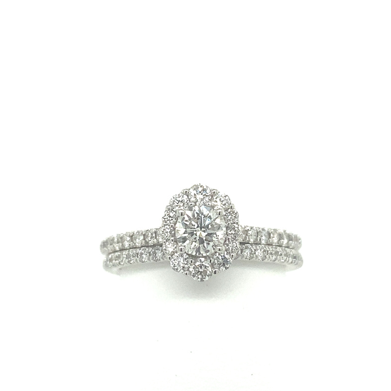 14K WHITE GOLD HALO WEDDING SET SIZE 6.5 WITH ONE 0.36CT ROUND I SI2 DIAMOND AND 45=0.58TW ROUND H-I SI2-I1 DIAMONDS