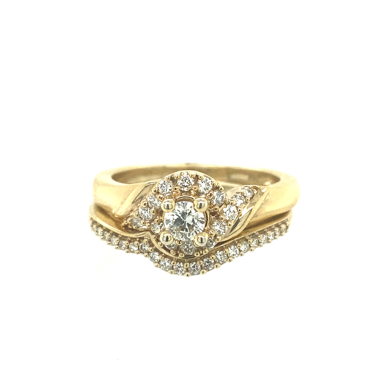 14 KARAT YELLOW GOLD BYPASS HALO WEDDING SET SIZE 7 WITH ONE 0.20CT ROUND DIAMOND AND 36=0.30TW ROUND H-I COLOR I1-I2 CLARITY DIAMONDS