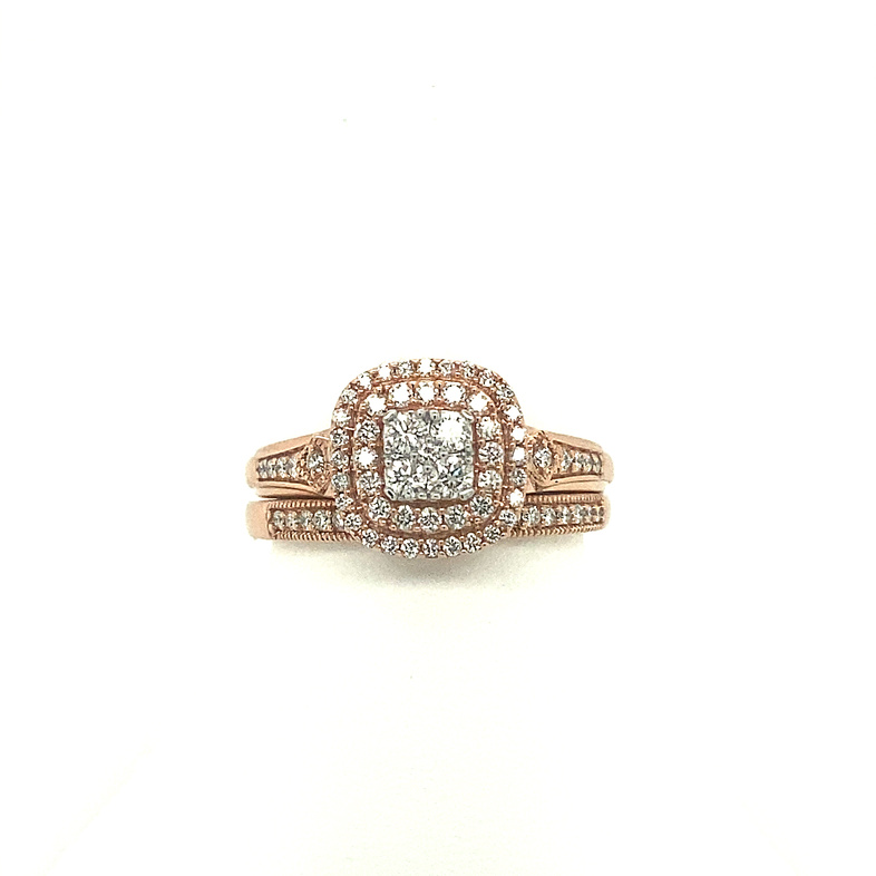 10 KARAT ROSE GOLD CLUSTER DOUBLE HALO WEDDING SET SIZE 7 WITH 77=0.50TW ROUND G-H COLOR I1-I2 CLARITY DIAMONDS