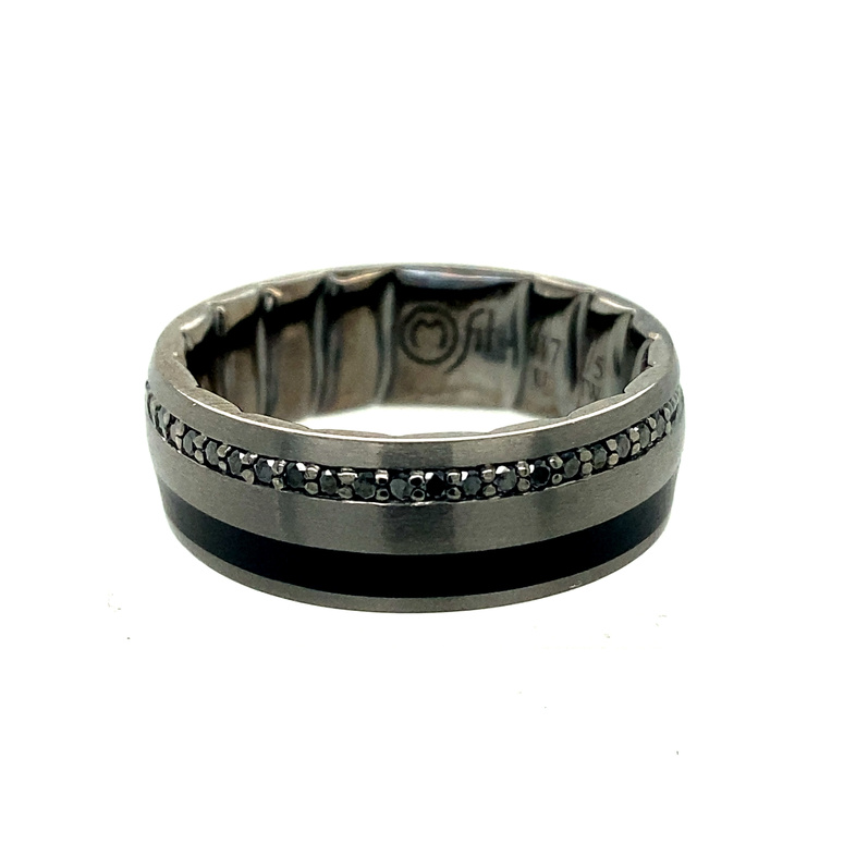 10K WHITE GOLD SATIN FNISH BLACK RHODIUM WITH BLACK CERAMIC M-FIT DIAMOND WEDDING BAND SIZE 10.5 WITH 21=0.20TW ROUND BLACK DIAMONDS