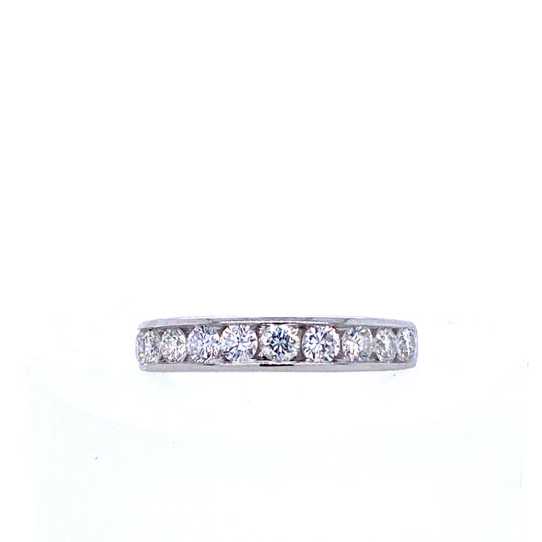 14 KARAT WHITE  GOLD CHANNEL SET DIAMOND ANNIVERSARY RING SIZE 6.5 WITH 11=0.80TW ROUND F-G COLOR SI2 CLARITY DIAMONDS