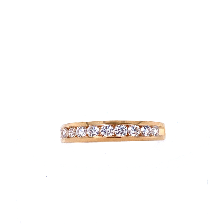 14 KARAT YELLOW GOLD CHANNEL SET DIAMOND ANNIVERSARY RING SIZE 6.5 WITH 10=0.50TW ROUND F-G COLOR SI2 CLARITY DIAMONDS  (2.74 GRAMS)