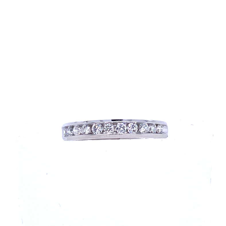 14 KARAT WHITE GOLD CHANNEL SET DIAMOND ANNIVERSARY RING SIZE 6.5 WITH 11=0.33TW ROUND F-G COLOR SI1 CLARITY DIAMONDS