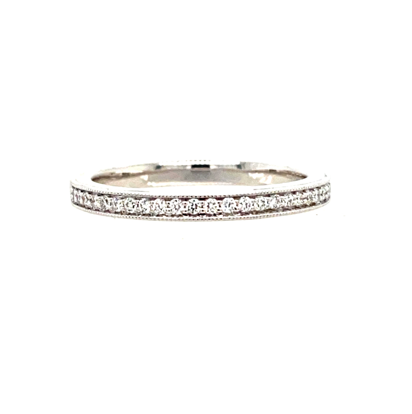 14 KARAT WHITE GOLD MILGRAIN MICRO PAVE  DIAMOND ANNIVERSARY RING SIZE 6.5 WITH 26=0.16TW ROUND G-H COLOR SI1 CLARITY DIAMONDS